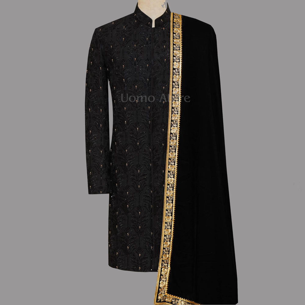 Black Velvet Sherwani Shawl With Golden Embroidery