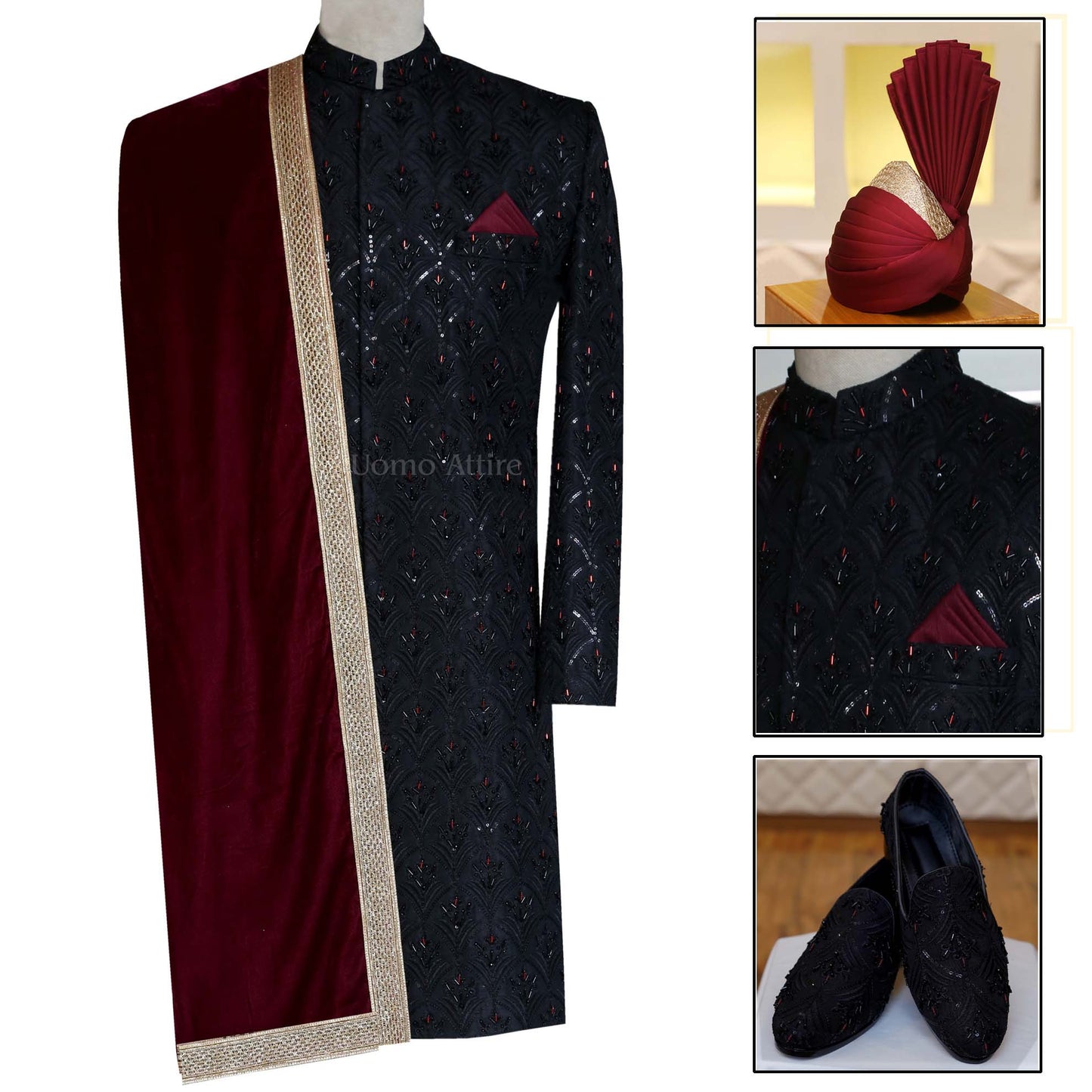 Black Designer Sherwani with Maroon Turban and Same Fabric Shoes