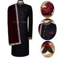 Black Fully Embroidered Sherwani for Groom with Khussa Turban and Shawl