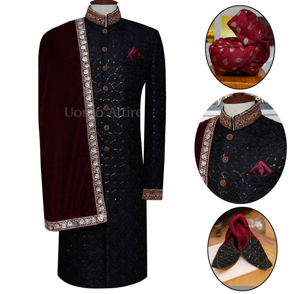 Black Fully Embroidered Sherwani for Groom with Khussa Turban and Shawl