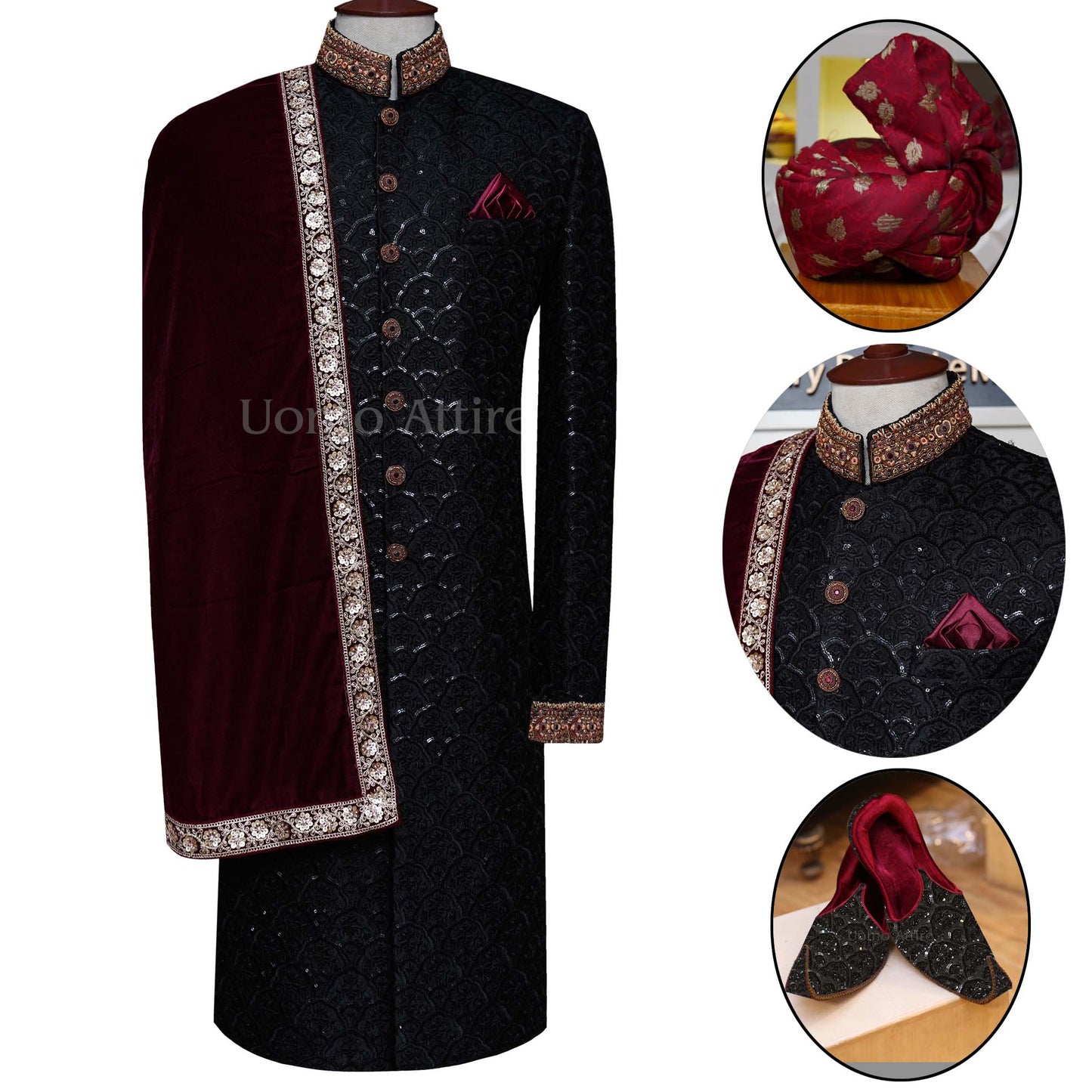 Black Fully Embroidered Sherwani for Groom with Khussa Turban and Shawl