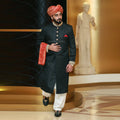 Black Sherwani for Groom with Red Turban & Embroidered Shawl