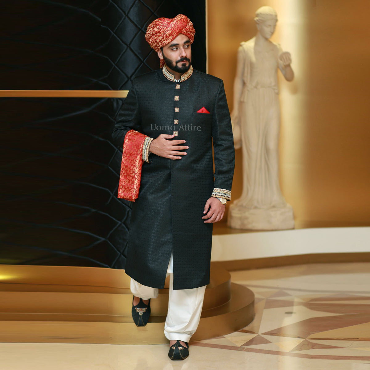 Black Sherwani for Groom with Red Turban & Embroidered Shawl