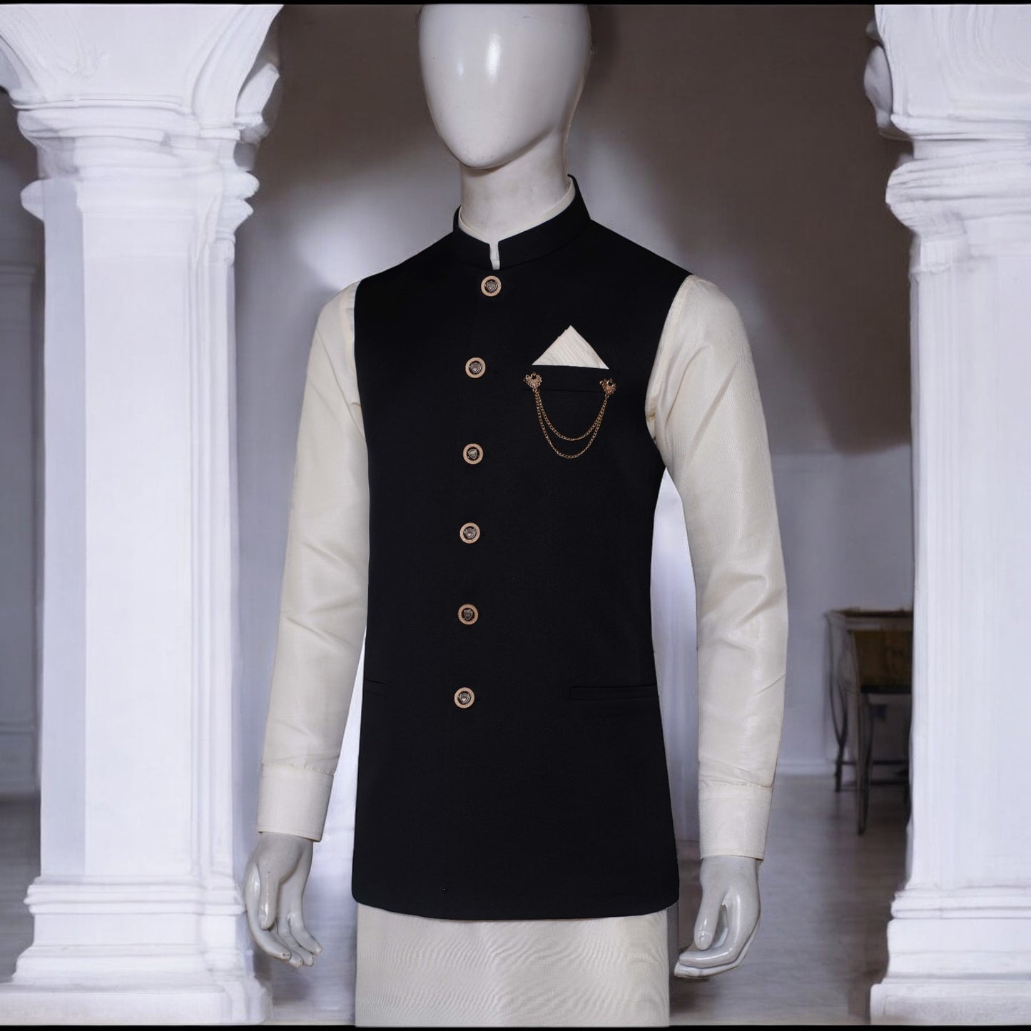 
                  
                    Jet Black Waistcoat with Off White Kurta Pajama
                  
                