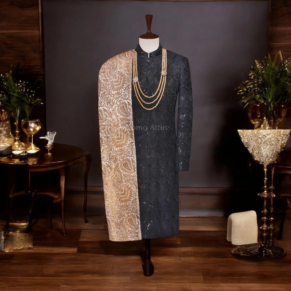 Regal Gold Silk Shawl with Intricate Embroidery