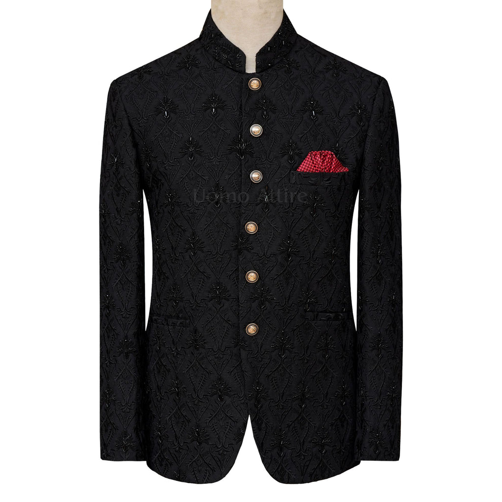 Black customized Prince Coat with fully micro black embllishement | Black prince coat for groom