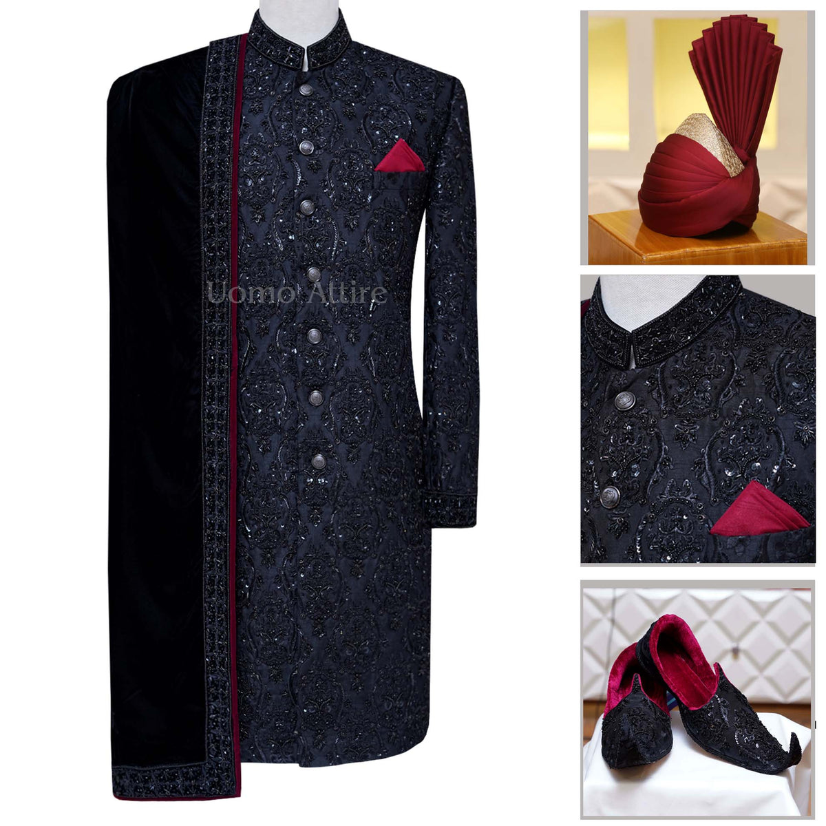 Luxury micro embellished black sherwani for groom | Black sherwani for groom