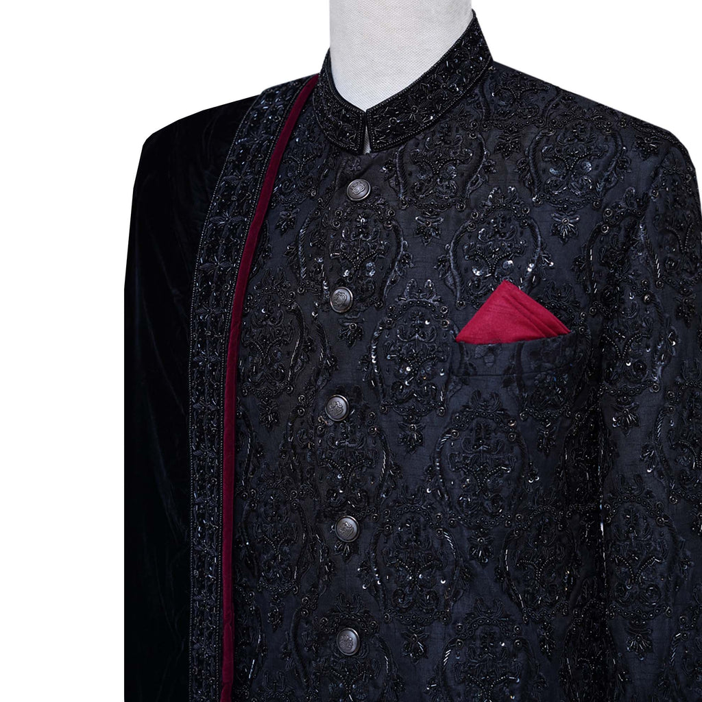 Luxury micro embellished black sherwani for groom | Black sherwani for groom