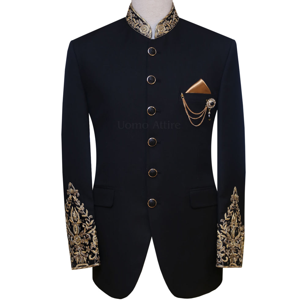 
                  
                    Black imported Italian fabric with hand-embellished prince coat
                  
                