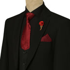 Black on Black Wedding Suit for Men with Maroon Accessories
