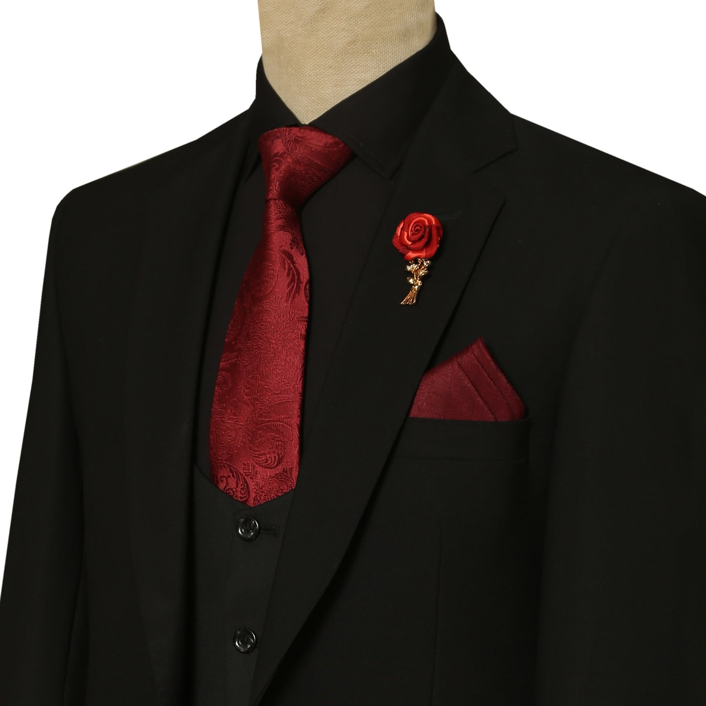 
                  
                    Black on Black Wedding Suit for Men with Maroon Accessories
                  
                