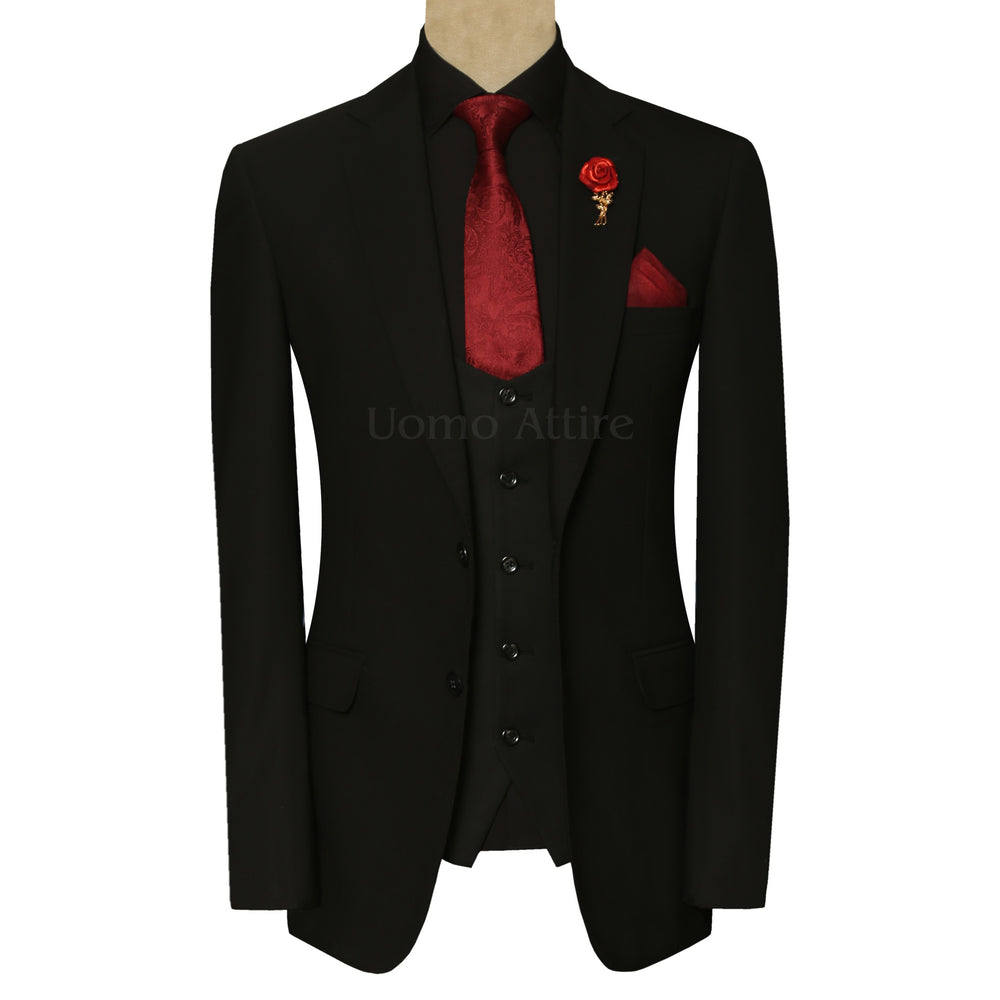 Black on Black Wedding Suit for Men with Maroon Accessories Black on Black Wedding Suit for Men with Maroon Accessories