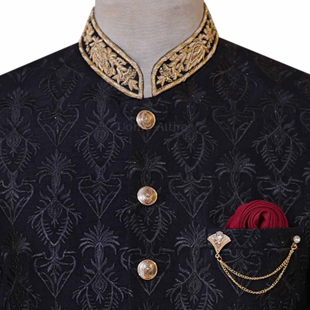 Black prince coat with golden embellishments | Black prince coat for groom 4