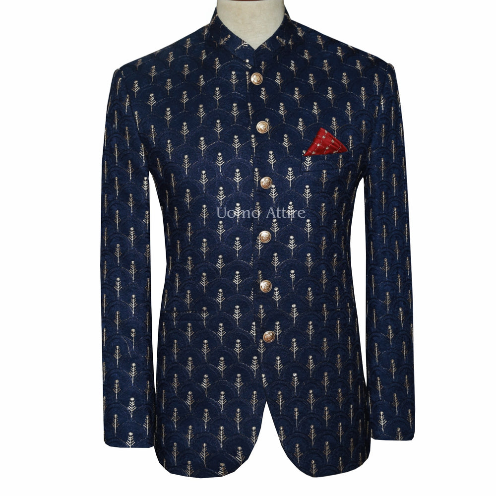 Navy Blue Prince Coat with Golden Hand Work – Uomo Attire
