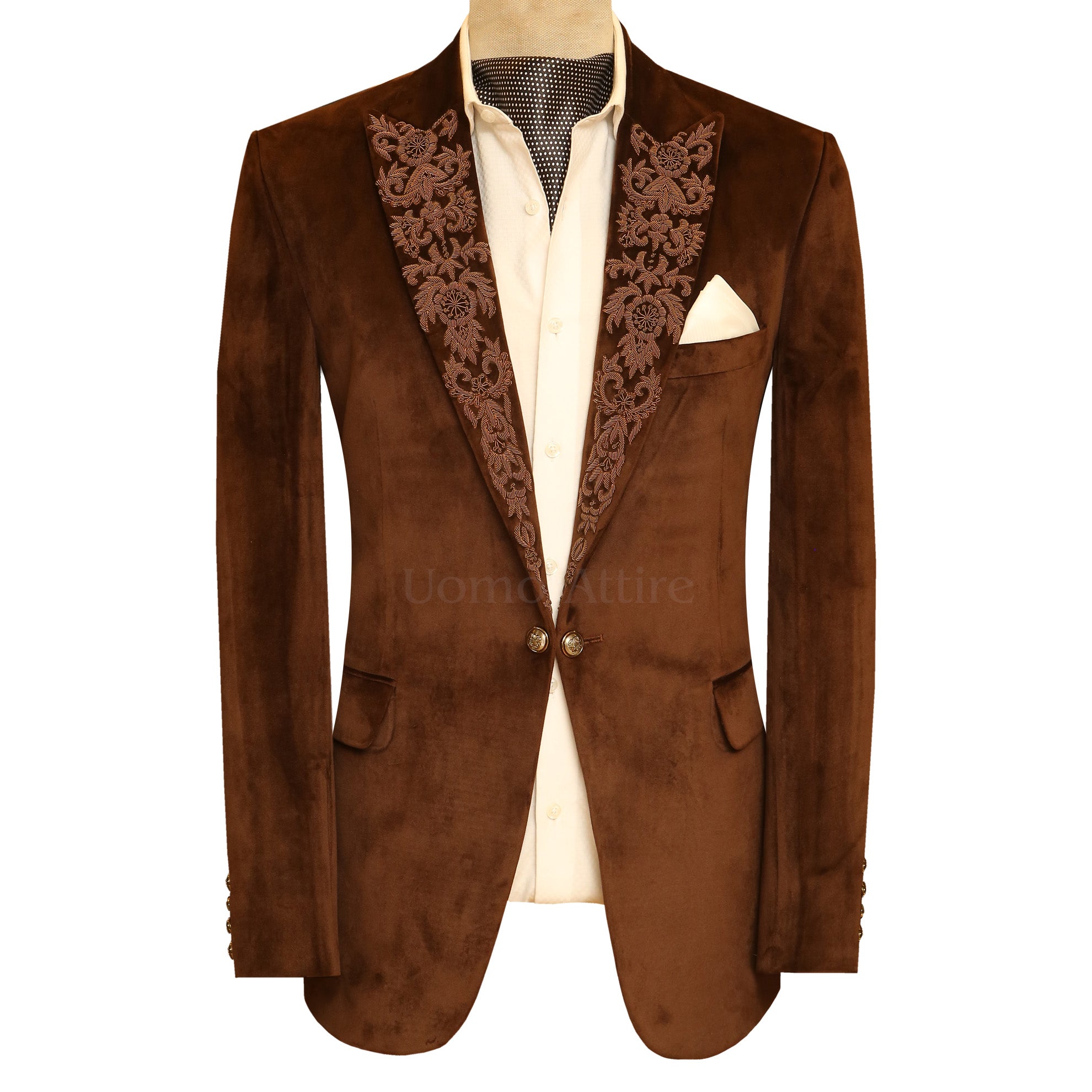 Brown Velvet Tuxedo Jacket with Floral Hand Jewlery Work – Uomo Attire