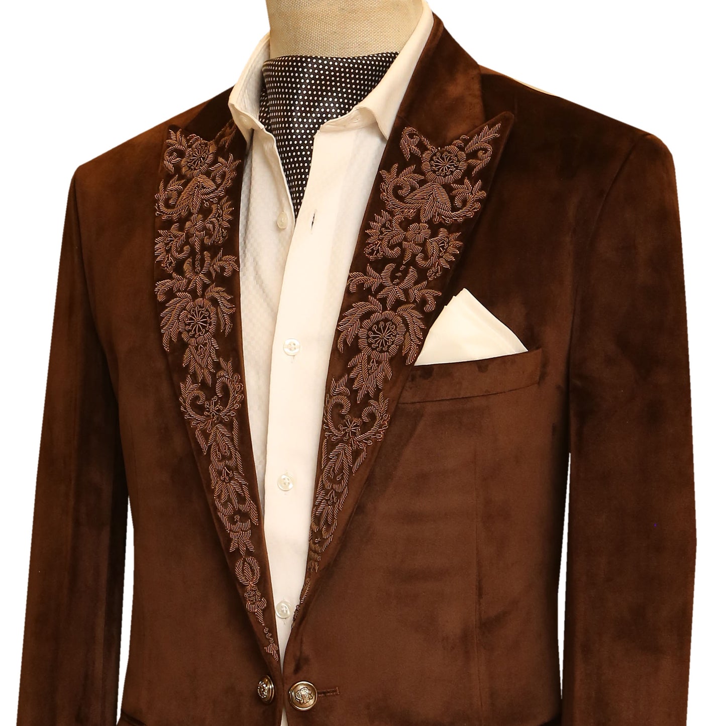 
                  
                    Brown Velvet Tuxedo Jacket with Floral Hand Jewlery Work
                  
                