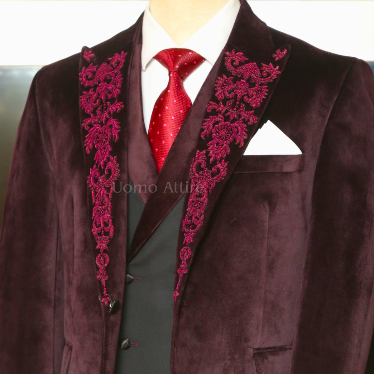 Burgundy Velvet Designer Groom Tuxedo