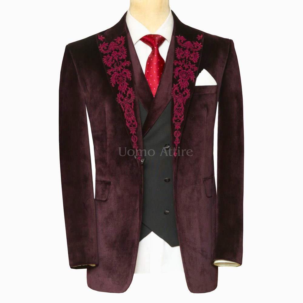 Burgundy Velvet Designer Groom Tuxedo