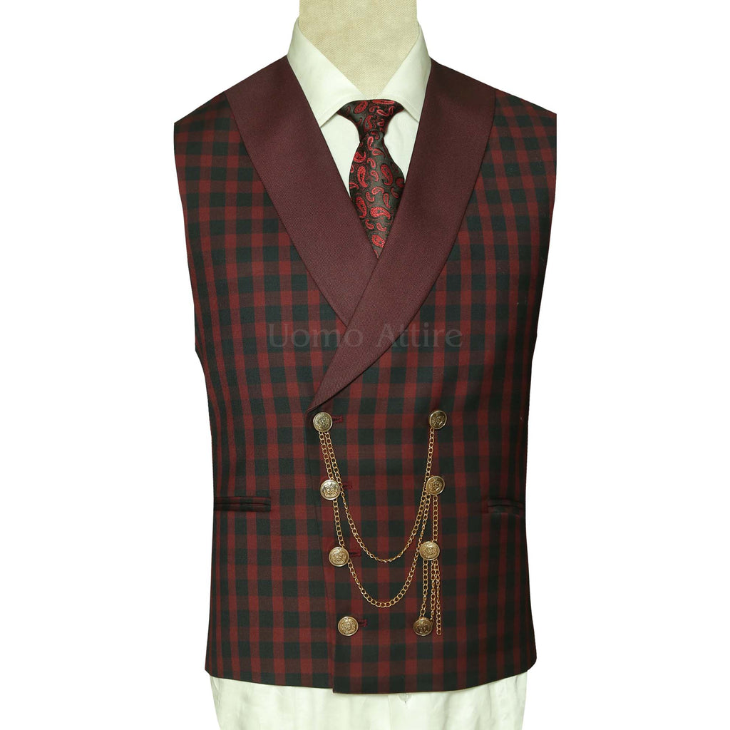 Burgundy Wedding Suit for Groom with Check Vest - Mens Double Breasted Black and Maroon Contrast Vest