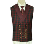 Burgundy Wedding Suit for Groom with Check Vest - Mens Double Breasted Black and Maroon Contrast Vest