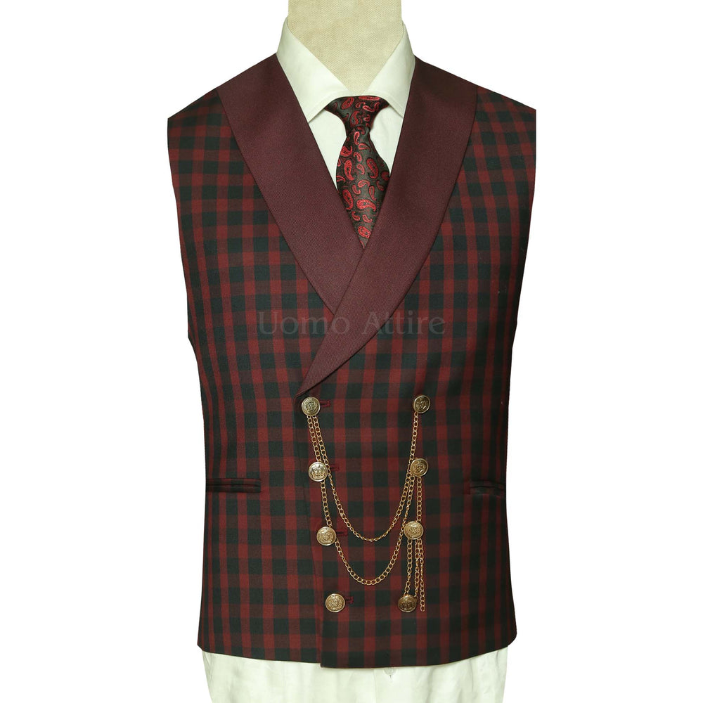 
                  
                    Burgundy Wedding Suit for Groom with Check Vest - Mens Double Breasted Black and Maroon Contrast Vest
                  
                