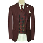 Burgundy Wedding Suit for Groom with Check Vest