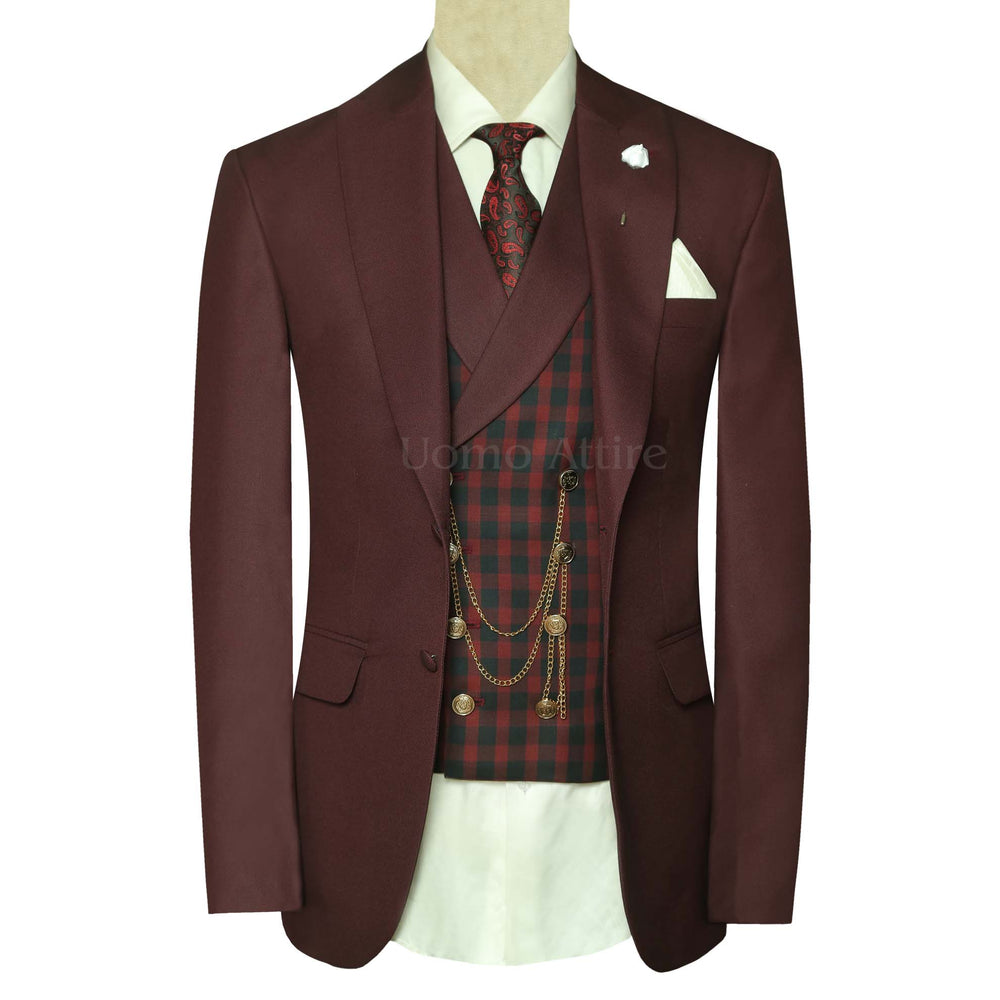 Burgundy Wedding Suit for Groom with Check Vest