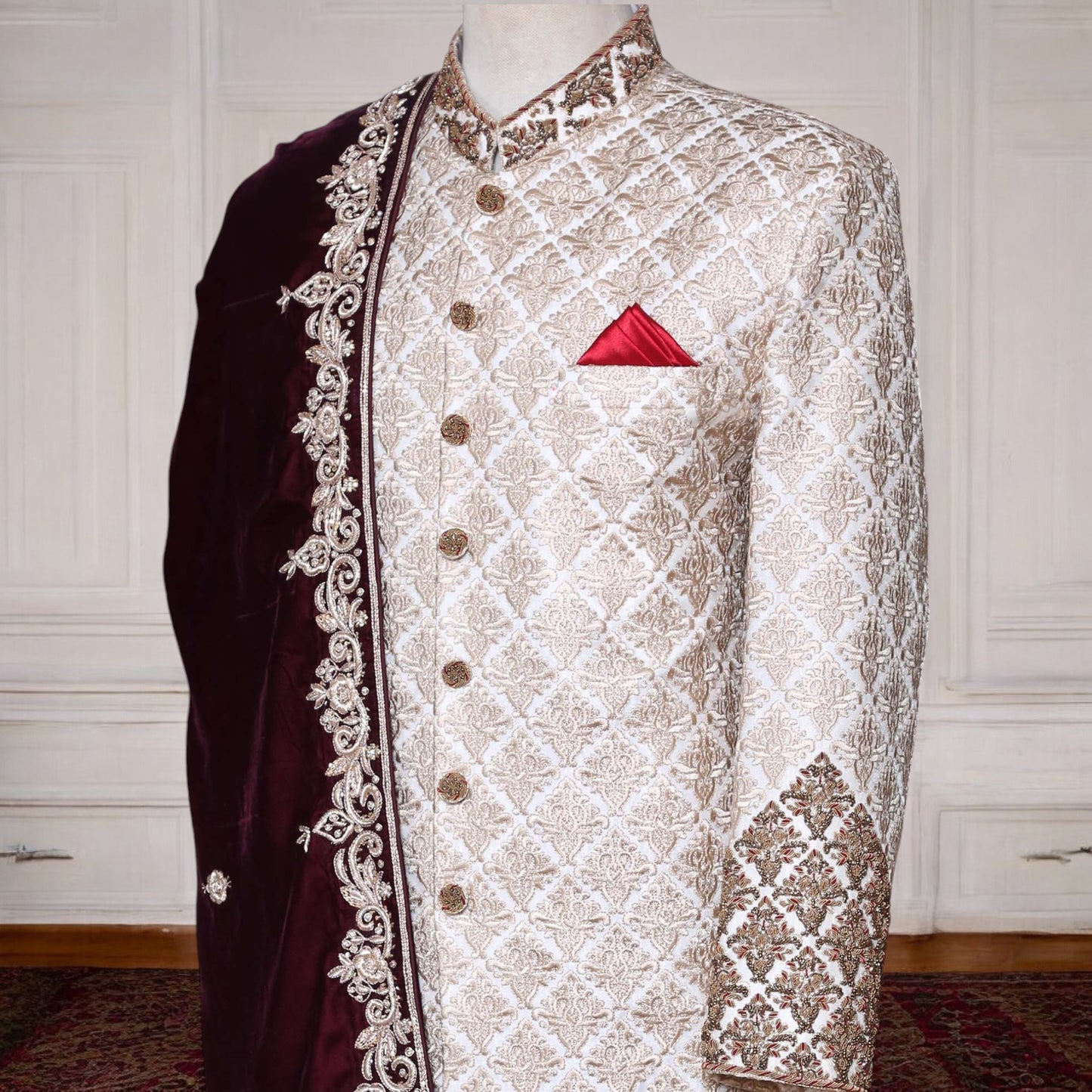 
                  
                    Champagne Gold Designer Wedding Sherwani for Groom
                  
                