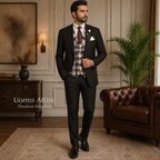 Exquisite Black Three-Piece Suit with Double-Breasted Waistcoat