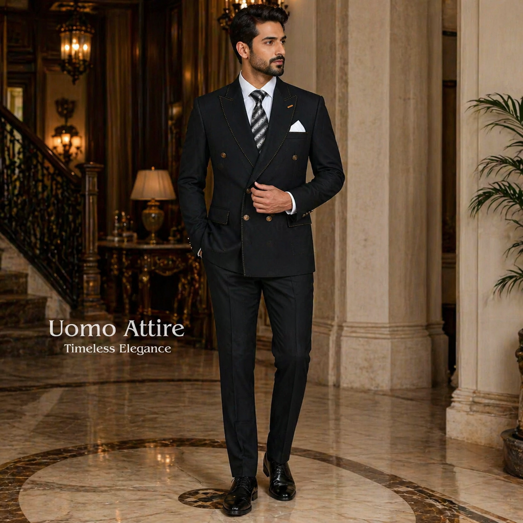 Slim Fit Black Double-Breasted Two Piece Suit with Golden Pick Stitching