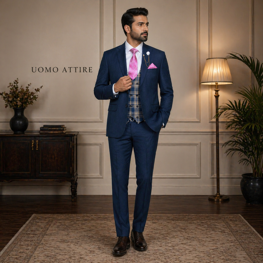 Men's Premium Dark Blue Three-Piece Suit with Contrasting Waistcoat