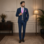 Men's Premium Dark Blue Three-Piece Suit with Contrasting Waistcoat