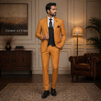 Vibrant Orange Slim-Fit Three-Piece Suit with Black Double-Breasted Waistcoat