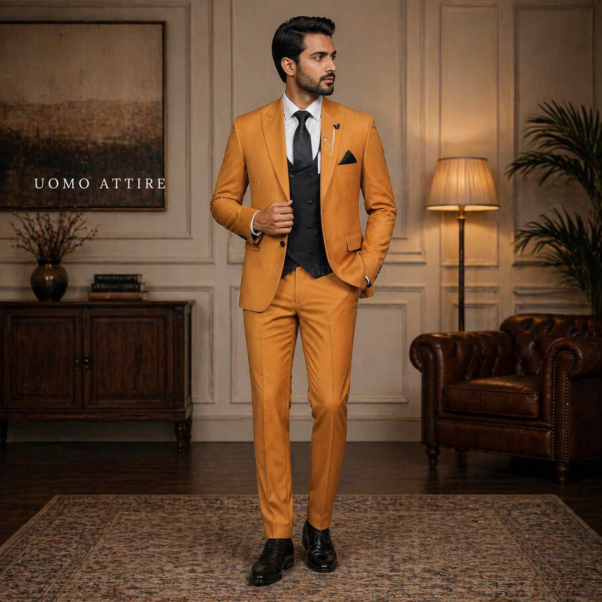 Vibrant Orange Slim-Fit Three-Piece Suit with Black Double-Breasted Waistcoat
