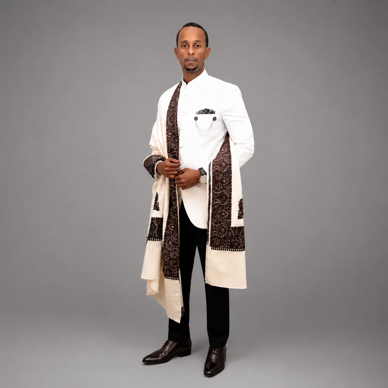 
                  
                    Mr. Abdirisak Ainan wearing White Prince Coat for Wedding in High Gauge Italian Wool
                  
                