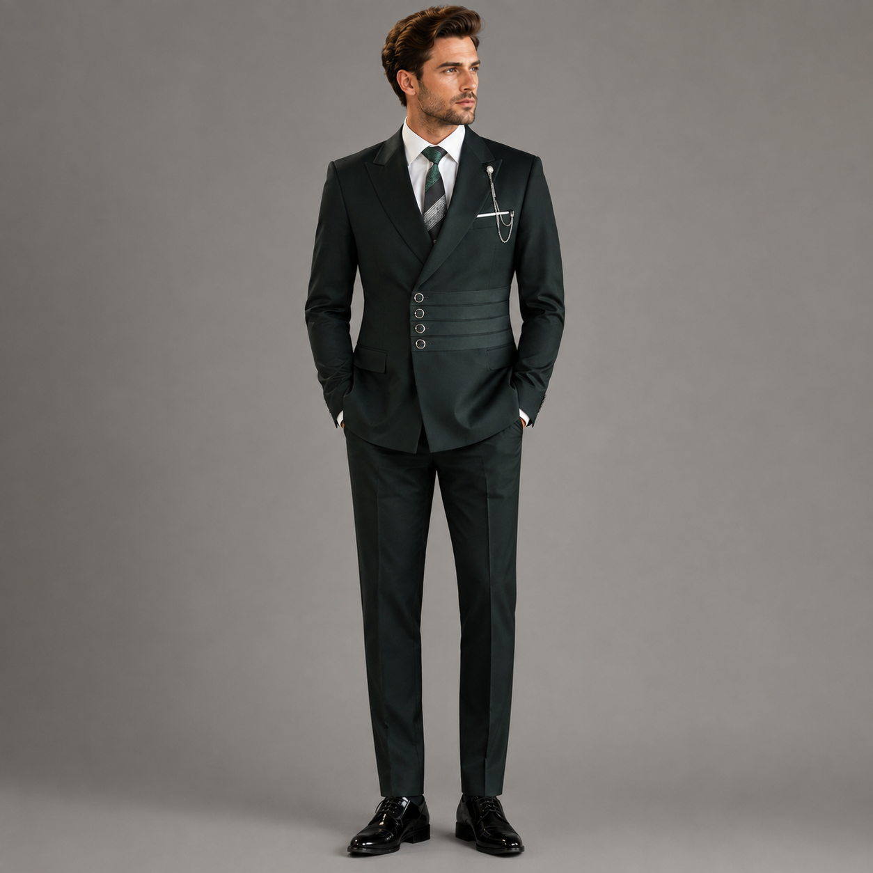 
                  
                    Dark Green Double Breasted Suit for Men in Biella 180's
                  
                