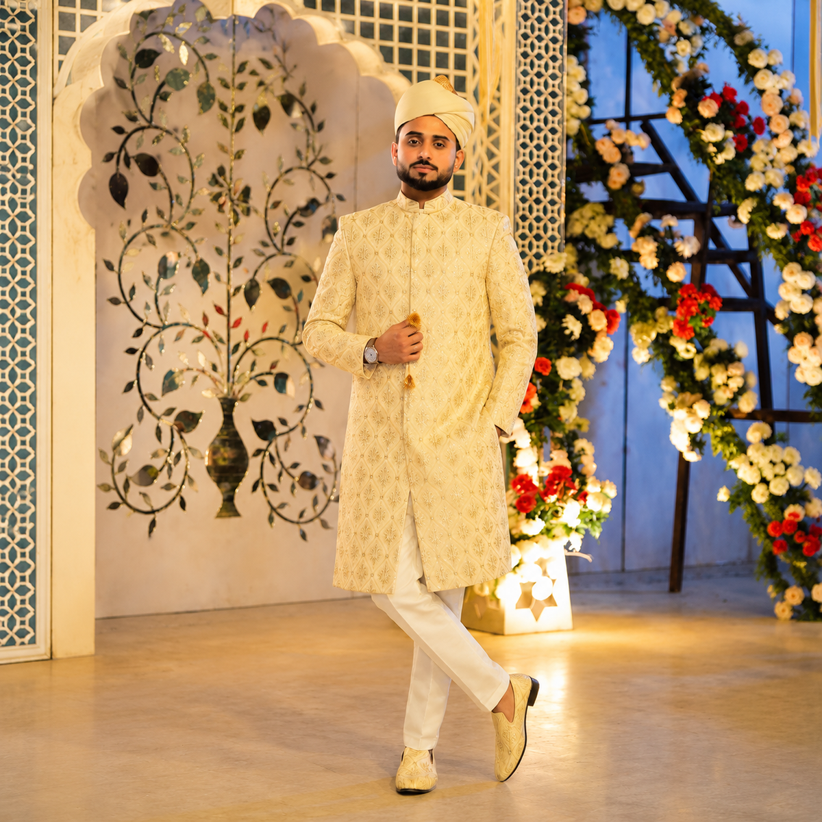 Cream Embroidered & Embellished Groom Sherwani Worn by Mr. Khuram Shehzad