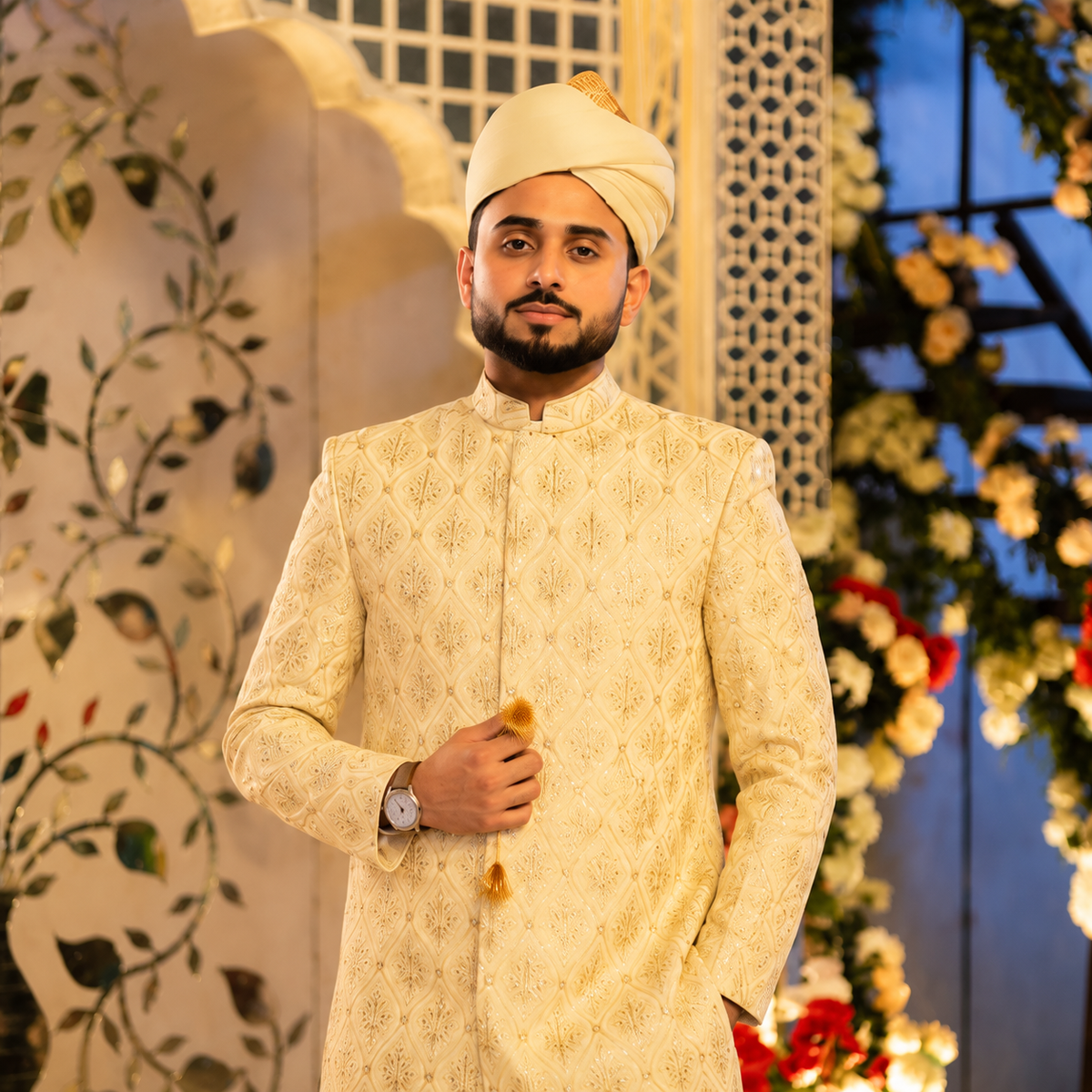 Cream Embroidered & Embellished Groom Sherwani Worn by Mr. Khuram Shehzad
