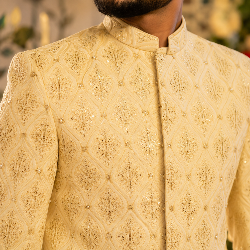 Cream Embroidered & Embellished Groom Sherwani Worn by Mr. Khuram Shehzad