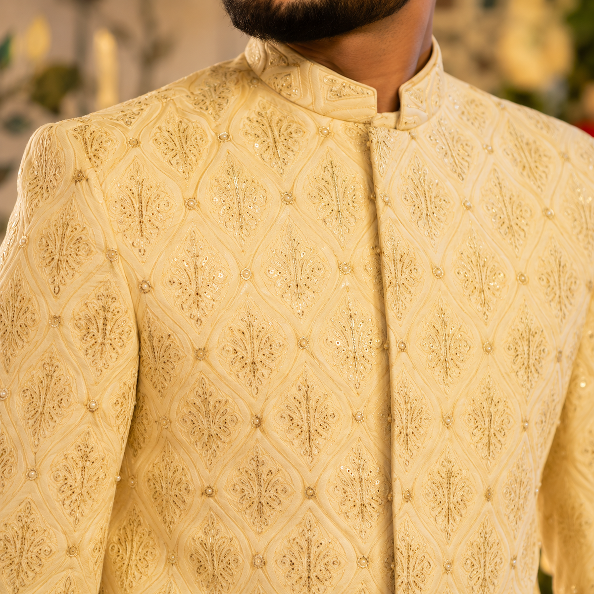Cream Embroidered & Embellished Groom Sherwani Worn by Mr. Khuram Shehzad