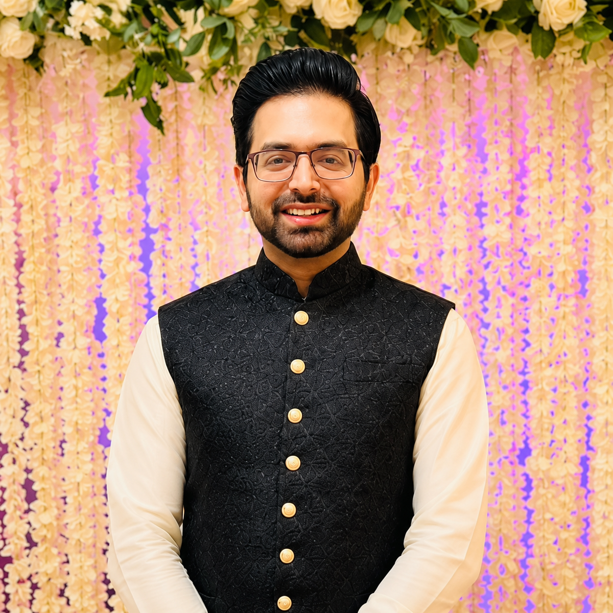 Black Jacquard Embroidered Waistcoat for Men Worn by Dr. Hasham