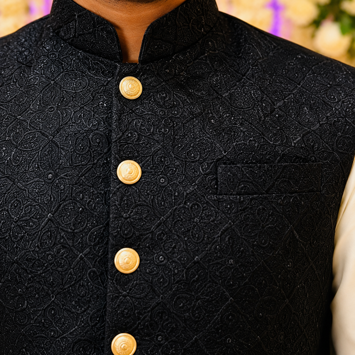Black Jacquard Embroidered Waistcoat for Men Worn by Dr. Hasham