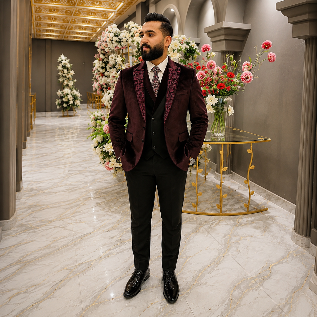 Maroon Velvet Embroidered 3-Piece Tuxedo Worn By Mr. Zeeshan