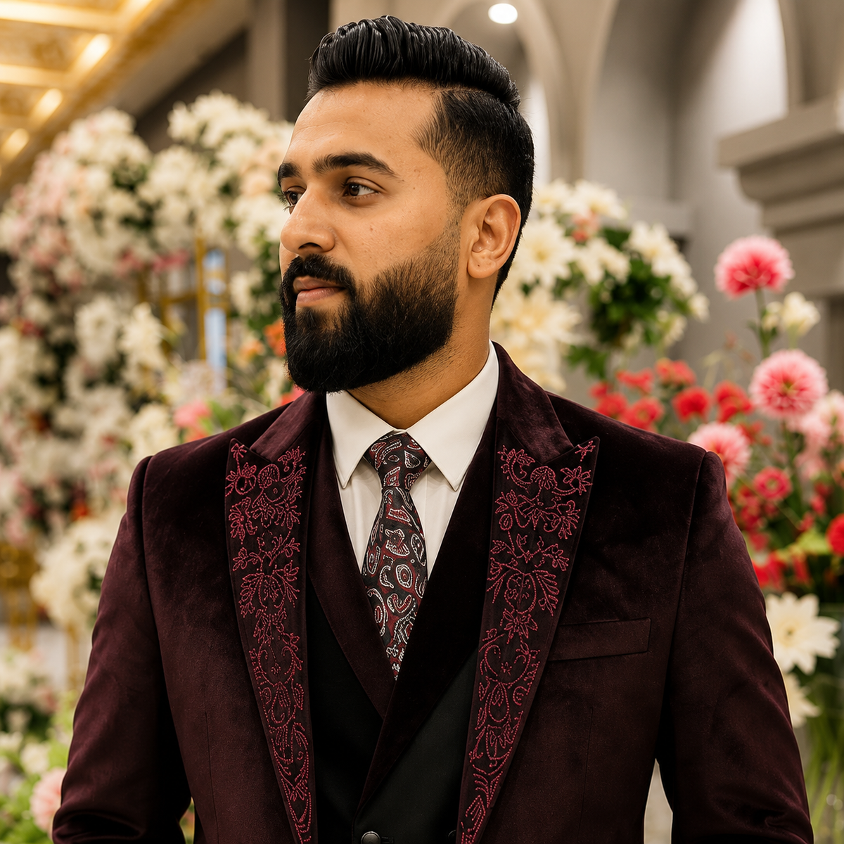 Maroon Velvet Embroidered 3-Piece Tuxedo Worn By Mr. Zeeshan