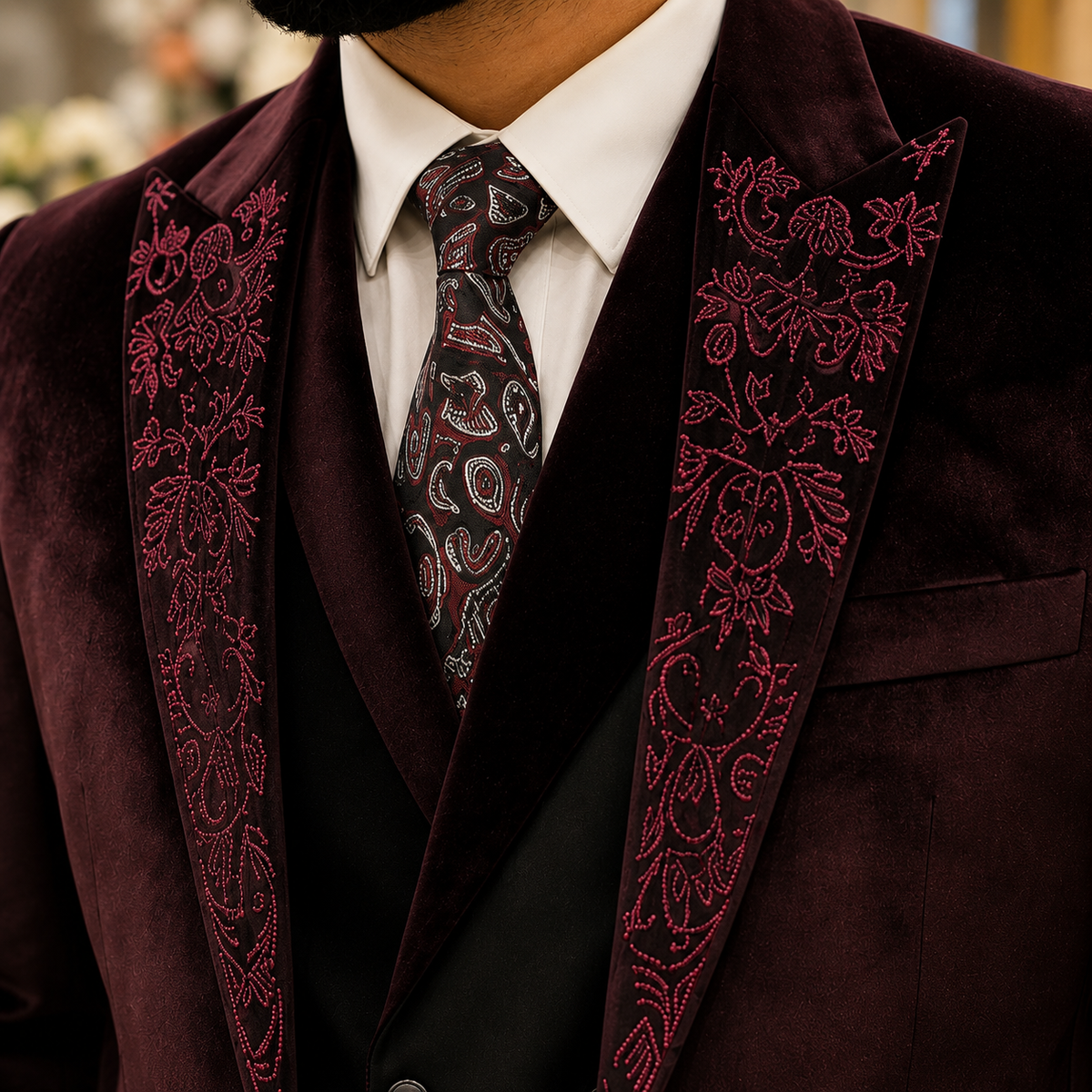 Maroon Velvet Embroidered 3-Piece Tuxedo Worn By Mr. Zeeshan