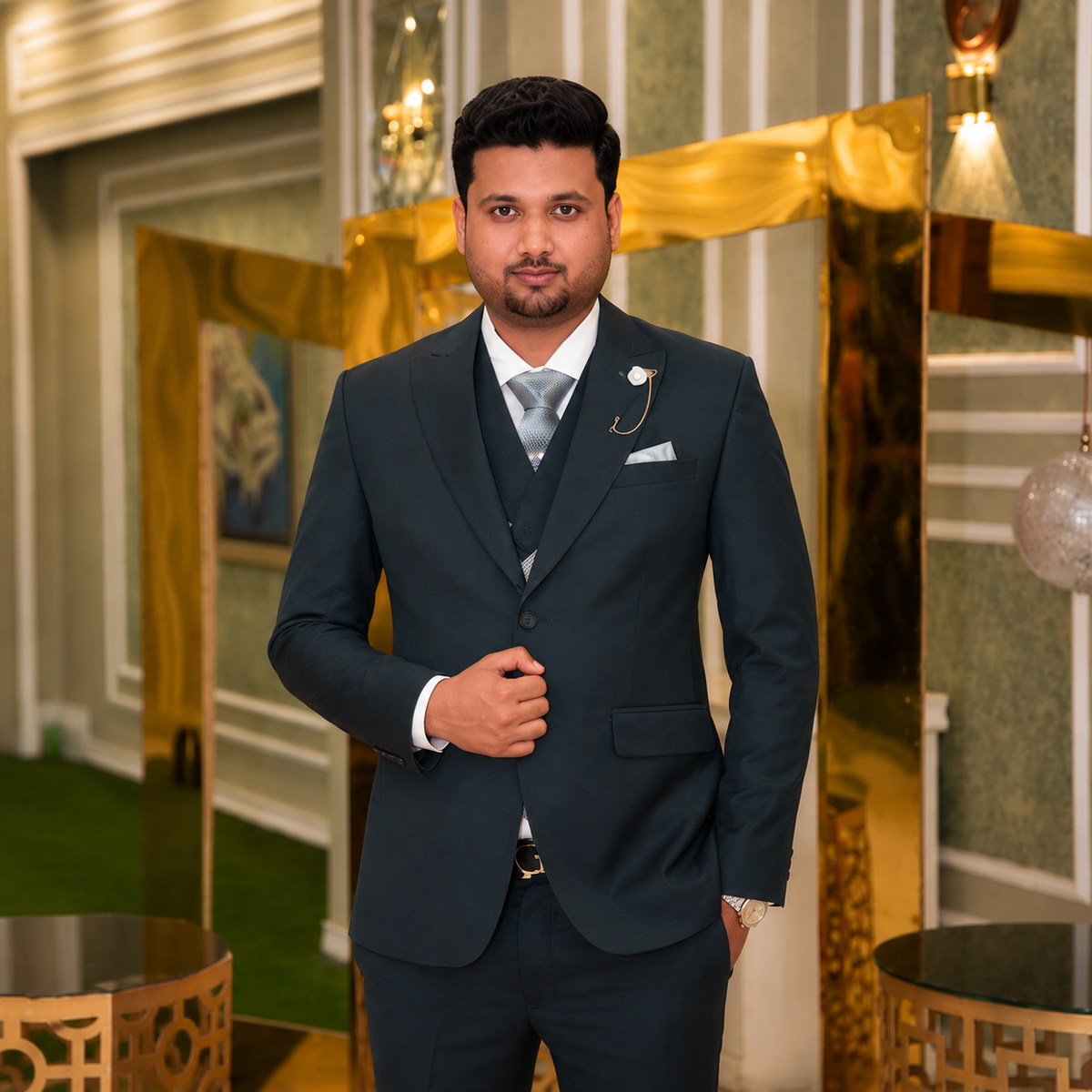 Dark Teal Suiting Fabric 3-Piece Suit for Men Worn By Mr. M Nouman