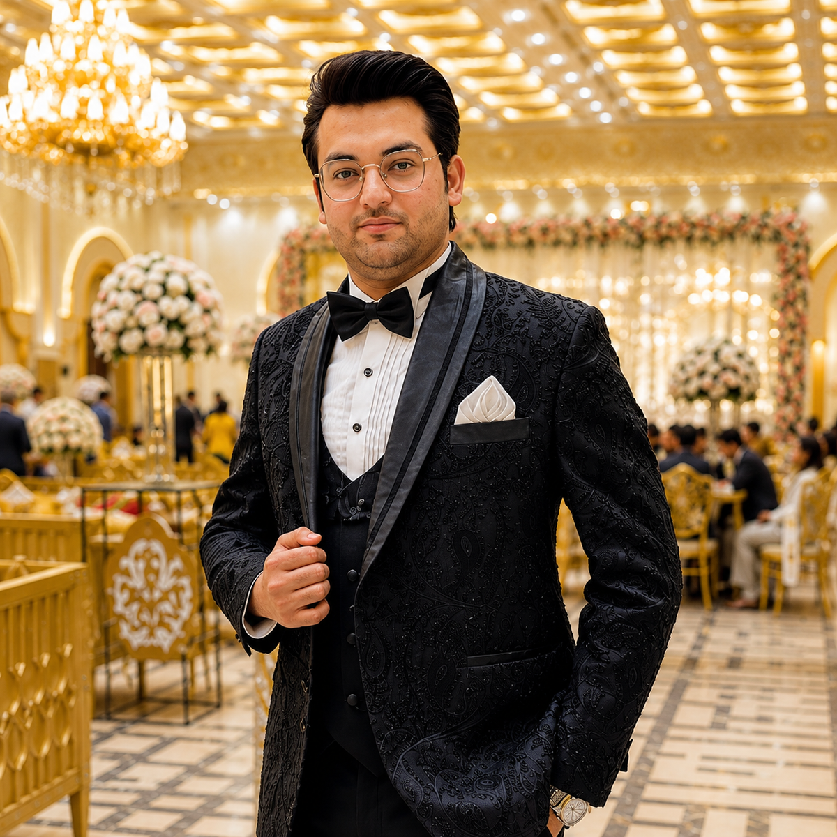 Black Embroidered with Hand Embellished Tuxedo for Men Worn by Mr. Hafiz Zaheer