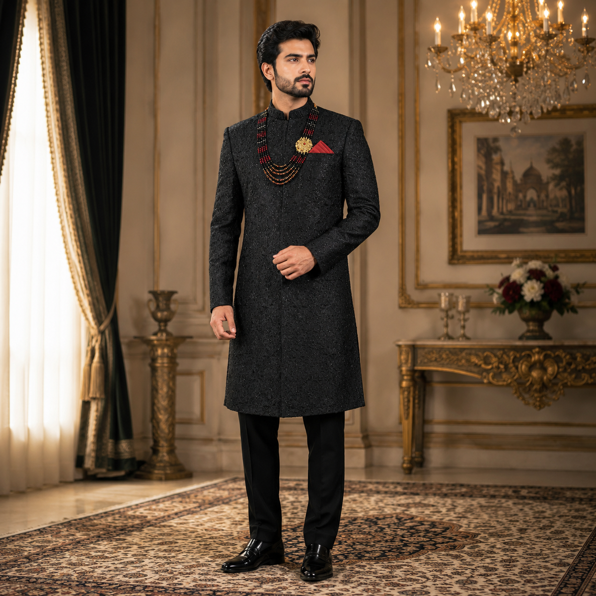 Black Embroidered & Embellished Groom Sherwani