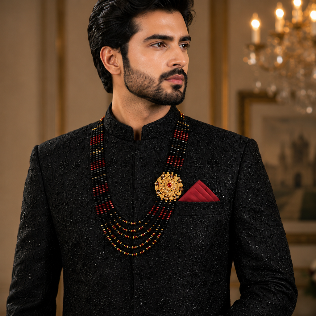 Black Embroidered & Embellished Groom Sherwani
