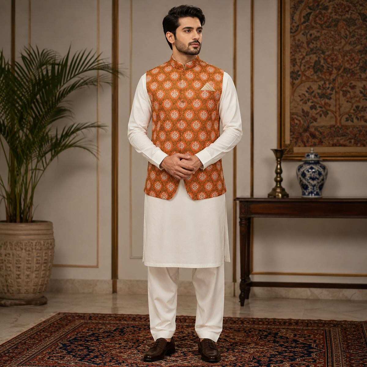 Rust Orange Tilla Embroidered Waistcoat